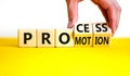 Process and promotion symbol. Concept words Process and promotion on wooden cubes. Businessman hand. Beautiful yellow table white