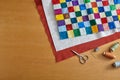 Process of quilt sandwich assembling, sewing accessories Royalty Free Stock Photo