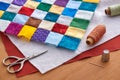 Process of quilt sandwich assembling, sewing accessories Royalty Free Stock Photo