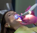 A woman at a dentist& x27;s appointment to replace arches with braces