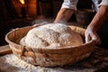 The process of rising bread dough in a special basket. Dough made from natural yeast Royalty Free Stock Photo