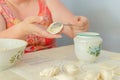 Process of sculpting home-made pierogi. Grandma prepares a national Ukrainian dish - vareniki