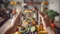 the process of shooting on a smartphone camera of assortment of fresh vegitables, greens, berries and fruits