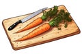 The process of slicing carrots on a wooden board, manga style vector illustration