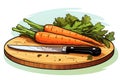 The process of slicing carrots on a wooden board, manga style vector illustration