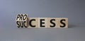 Process and Success symbol. Turned cube with words success and process. Beautiful grey background. Businessman hand. Business and