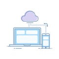 The process of synchronizing data from a mobile phone and a laptop. Storing data in the cloud storage. Vector Royalty Free Stock Photo