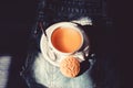 Process tea brewing ceramic mug. Inspiration and peaceful mood. Quick snack concept. Relaxing chamomile tea. Cup mug hot