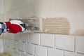 Process of tiling the tiles in the kitchen. Home improvement, re Royalty Free Stock Photo