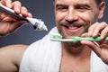 Process of toothbrushing for guy in the morning Royalty Free Stock Photo