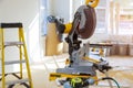 Close up of circular saw sharp rotary blade wood work equipment and machinery Royalty Free Stock Photo