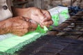 Process of weaving, dyeing, Thaisilk Royalty Free Stock Photo