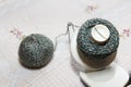 The process of winding wool green yarn from tangle to winding, using a coiler Royalty Free Stock Photo
