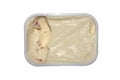 Creamy processed cheese with ham on a white background.Processed cheese with ham in an open package.