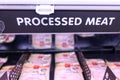 Processed Meat signage at the meat section of supermarket with defocused background