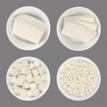 Processed white tofu, soy bean curd, in white bowls, over gray Royalty Free Stock Photo