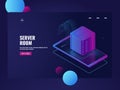Processing big data, mobile phone with icon of server room, database, concept mobile application launch technology