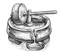 Millwheel with handle holder. Processing cereal seeds into flour for cooking. Hand drawn sketch illustration