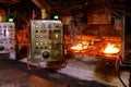Processing in forming machine after steel-making furnace in smelting steel plant. Royalty Free Stock Photo