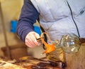 The processing of Murano glass, Venice, Veneto, Italy. A master glassmaker working with the most famous in the world murano glass