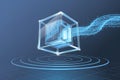 Processing unit in glowing cube, data flow and ai, quantum computing concept Royalty Free Stock Photo