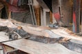 Processing wooden boards at a sawmill. A sawmill cuts a tree trunk. Timber industry