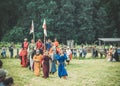 RITTER WEG, MOROZOVO, APRIL 2017: Procession of the festival participants. Reconstruction roleplay festival. People in authentic h