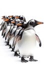 A procession of Gentoo penguins isolated against pristine white backdrop creating unique unity Royalty Free Stock Photo