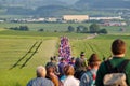 Procession to the Schnade in Brilon. Many hikers walk through the green landscape. Tradition.
