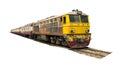 Procession yellow Train led by old diesel electric locomotive on the tracks Royalty Free Stock Photo