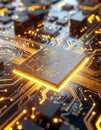 Macro Shot of Processor with Liquid Gold Circuits Flowing on Silicon Substrate Royalty Free Stock Photo