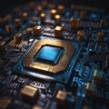 Electronic processor on blockchain circuit board in tech environment. Generative AI Royalty Free Stock Photo