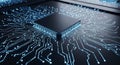 Close up of a computer processor on a circuit board glowing with blue lights representing technology and digital advancements Royalty Free Stock Photo