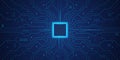 Processor CPU with glowing neon frame on circuit board. Digital AI chip tech semiconductor pattern. Big data backdrop. Technology Royalty Free Stock Photo