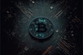 Bitcoin icon on dark PC mother board for cryotomine in abstract design