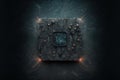 Processor CPU or GPU microchip on dark mother board