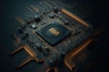 Processor CPU or GPU microchip on dark mother board