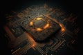 Processor CPU or GPU microchip on dark mother board