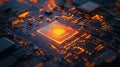 Processor microchip glowing with orange digital data transferring Royalty Free Stock Photo