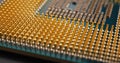 Processor microprocessor of a computer or laptop close up. CPU, semiconductor, pins and connectors. Horizontal stories about