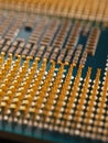 Processor microprocessor of a computer or laptop close up. CPU, semiconductor, pins and connectors. Vertical illustration about