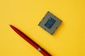 The processor for socket LGA 1151 on a yellow background next to Royalty Free Stock Photo