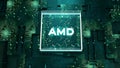 Processors graphics, digital data of network technology, CPU Processing. Motion. Advanced Micro Devices company logo