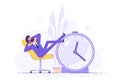 Procrastinating man sitting in the office with his legs up on an alarm watch. Procrastination and laziness concept. Vector