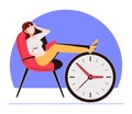 Procrastinating woman sitting in the office with her legs up on an alarm watch. Procrastination and laziness concept