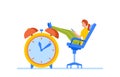 Procrastination Business Concept. Businesswoman Sitting on Chair with Legs on Huge Alarm Clock Chatting in Internet