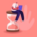 Procrastination in Business Process Concept. Businessman Sitting on Hourglass with Laptop in Hands. Time Management Royalty Free Stock Photo