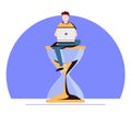 Procrastination in Business Process Concept. Businessman Sitting on Hourglass with Laptop in Hands. Time Management, Multitasking Royalty Free Stock Photo