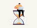 Procrastination in Business Process Concept. Businessman Sitting on Hourglass with Laptop in Hands. Time Management. Royalty Free Stock Photo