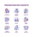 Procrastination concept icons set